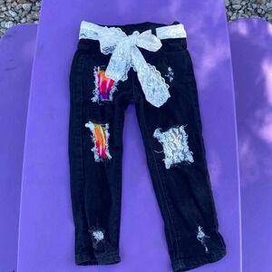 Little girls black jeans, size M, lace and tie dyed inserts, distressed